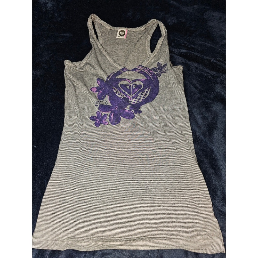 Roxy Women Grey Striped Racerback Tank Top Purple Floral Logo Graphic XL